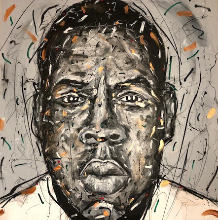 Jay Z celebrity portrait using acrylics and splatter technique