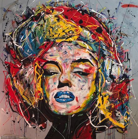 Colorful and abstract Marilyn Monroe celebrity portrait using acrylics and splatter technique