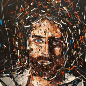Colorful, abstract Jesus portrait using acrylics and splatter technique