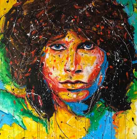 Jim Morrison celebrity portrait using acrylics and splatter technique