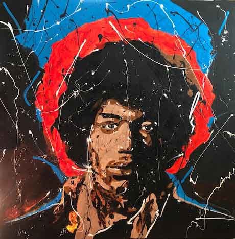 Jimmy Hendrix celebrity portrait using acrylics and splatter technique