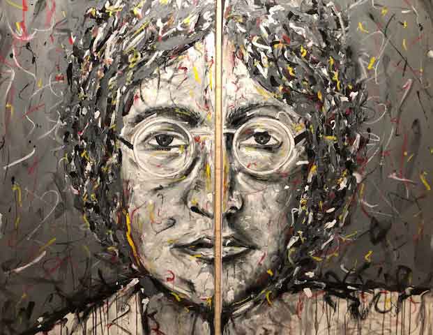 John Lennon diptych, celebrity portrait using acrylics and splatter technique
