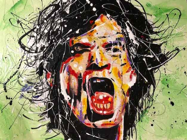 Colorful and abstract Mick Jagger portrait using acrylics and splatter technique