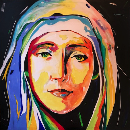 Virgin Mary abstract portrait using acrylics and splatter technique